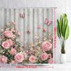 Vintage Pink Roses & White Butterflies On Rustic Wooden Planks Waterproof Shower Curtain For Bathroom Decor