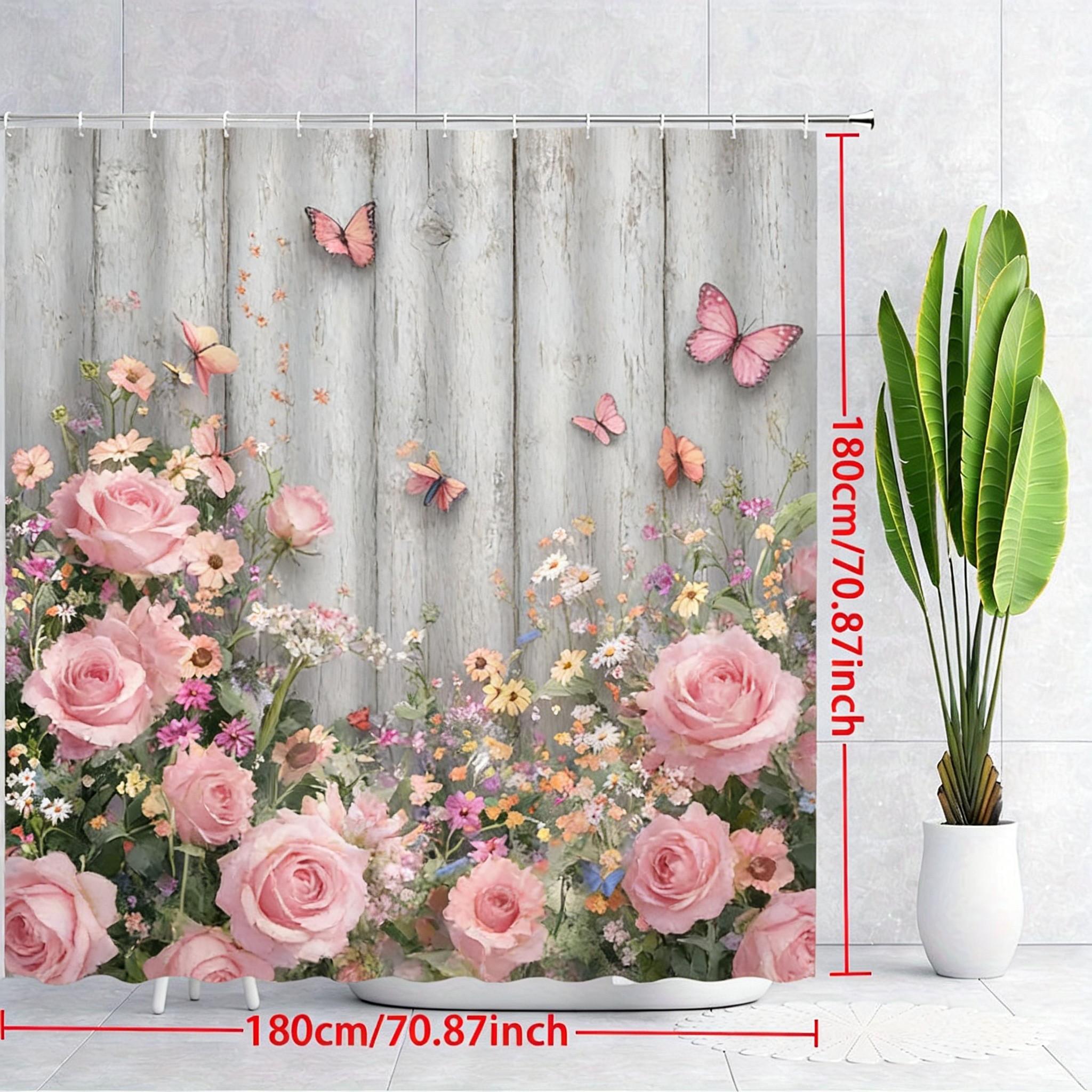 

Vintage Pink Roses & White Butterflies On Rustic Wooden Planks Waterproof Shower Curtain For Bathroom Decor W60H190(CM)-1 Pcs
