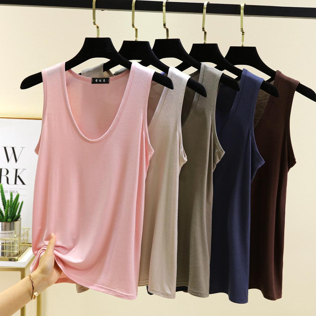 Oval neck elastic loose vest summer modal fashion versatile large size bottoming shirt hem arc women's top