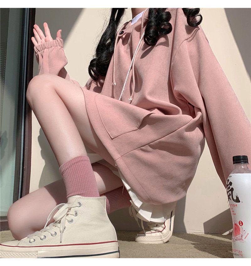 Women's Fleece-Lined Hooded Jacket: Loose Fit, Versatile Long-Sleeve Sweatshirt for 2024 Autumn/Winter, Japanese Student Style, Warm Top