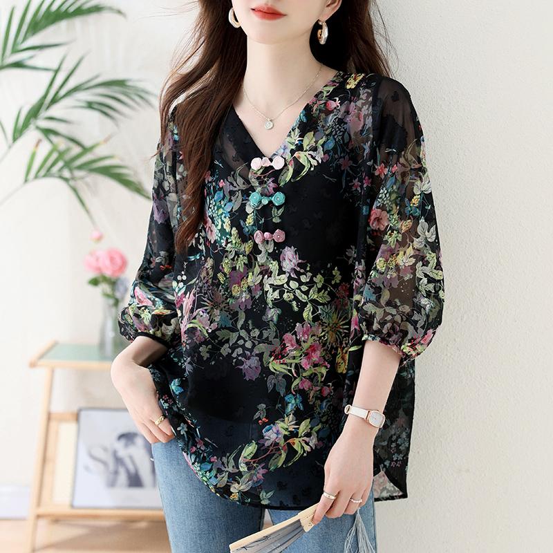 Dimanaf 2025 Women Summer Plus Size Shirt Blouse Long Sleeve Buttons Fashion Floral Tops Tees Loose New Blouse