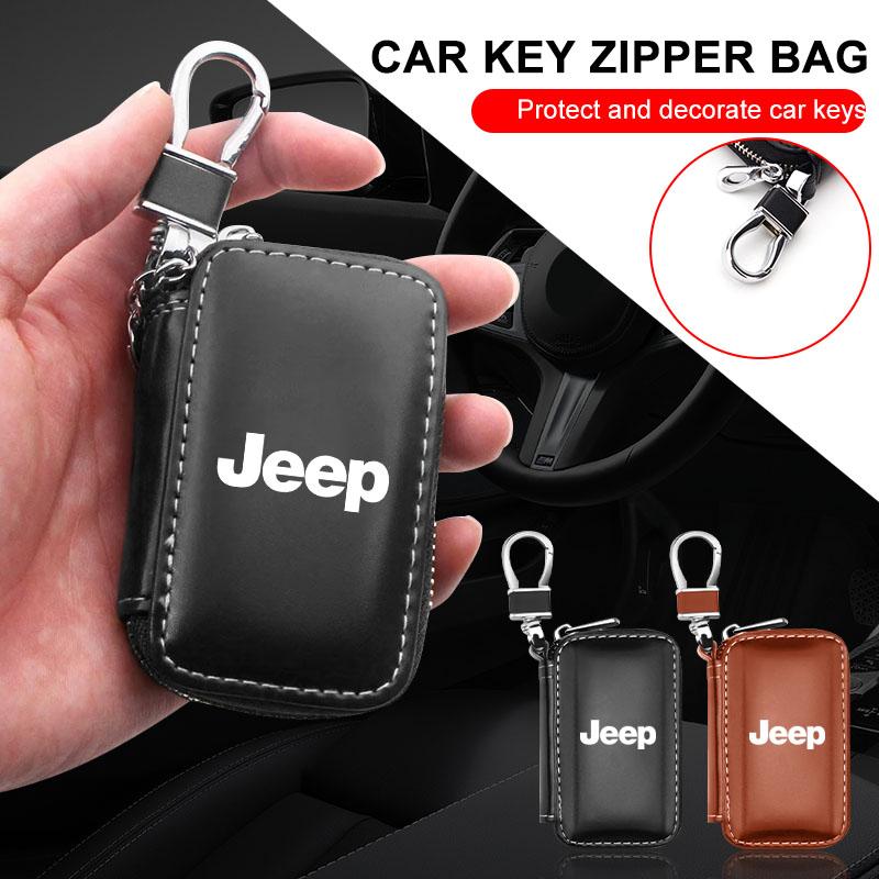 ALG4 Leather Car Key Case Cover Keychain Zipper Bag Protector Car Key For Jeep Wrangler Grand Cherokee Renegade Tyre Stem Air Caps