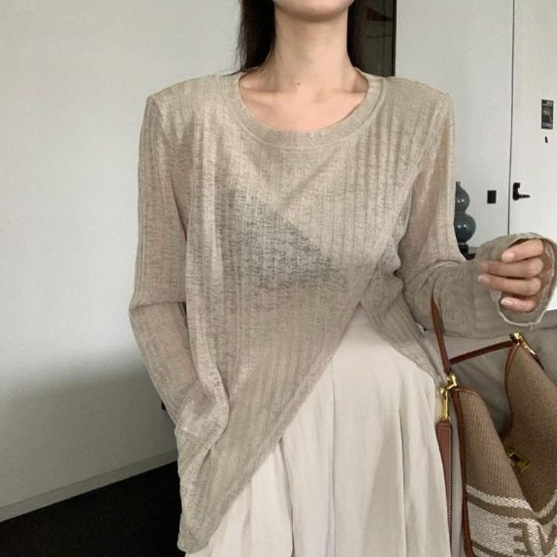 Spicy Girl Irregular Slit Slightly Transparent Long Sleeved Sun Protection Cover Shirt for Women Loose Thin Top for Outerwear