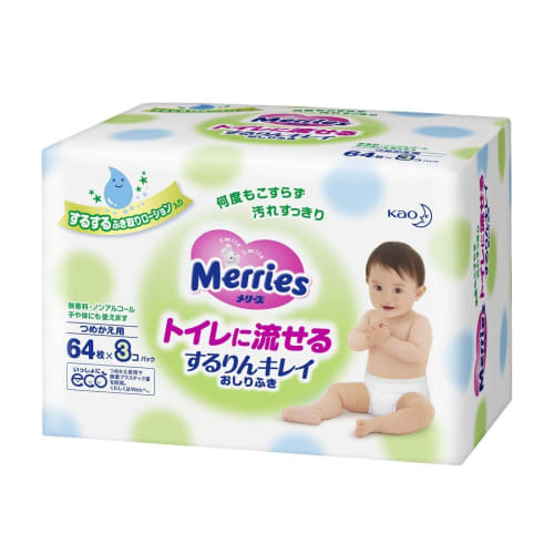 

Kao Merries Baby Wipes, Flushable, Refill, 64 Wipes x 3 Packs