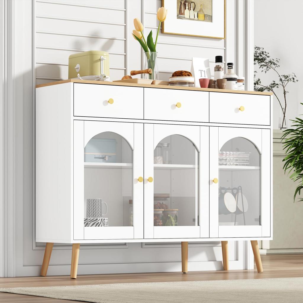 Buffet Sideboard 3 Glastüren & 3 Schubladen, Elegant Küchenschrank Kommode Flurschrank Stauraum, Wohnzimmer Esszimmer, 120cm, Weiß & Holzfarbe
