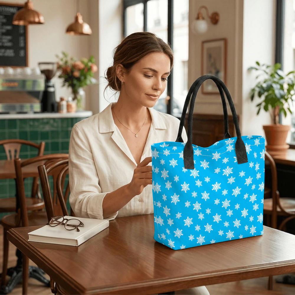 Blue Snowflake Pattern Tote Bag Winter Style Large Capacity Casual Handbag