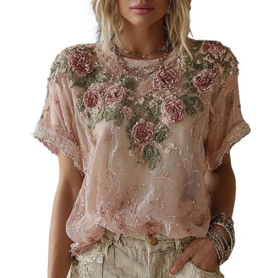 Women Tops Round Neck Short Sleeve Pullover Tops Loose Fit Faux Pearls 3D Floral