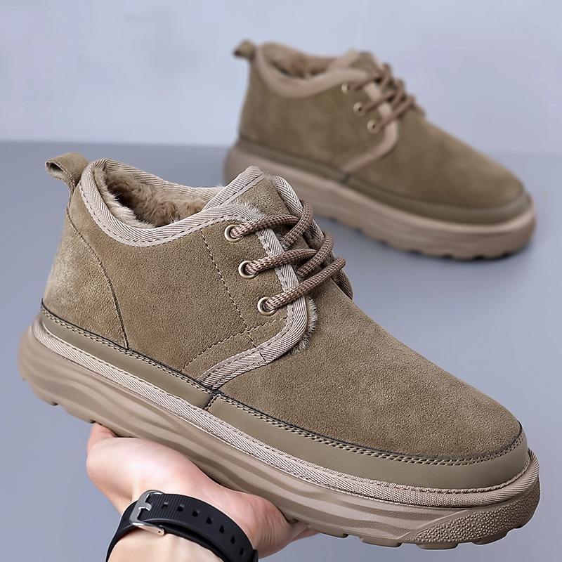 Men's Velvet-Lined Leather Snow Boots - Warm, Non-Slip, High-Top, Thick Sole, Large Size (8509)