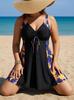 Plus-Size Floral Two-Piece Tankini Swim Skirt with Lace-Up Briefs - Yellow/Blue