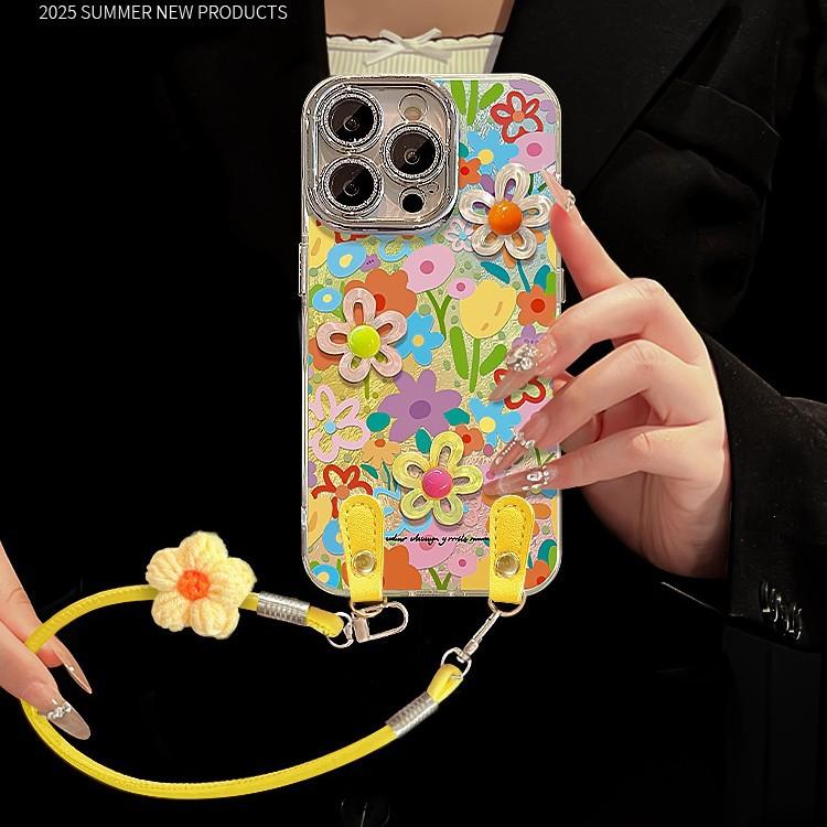 Flower doll lanyard for Apple 16 glacier pattern mobile phone case 13promax premium sense 15 summer 14 all-inclusive