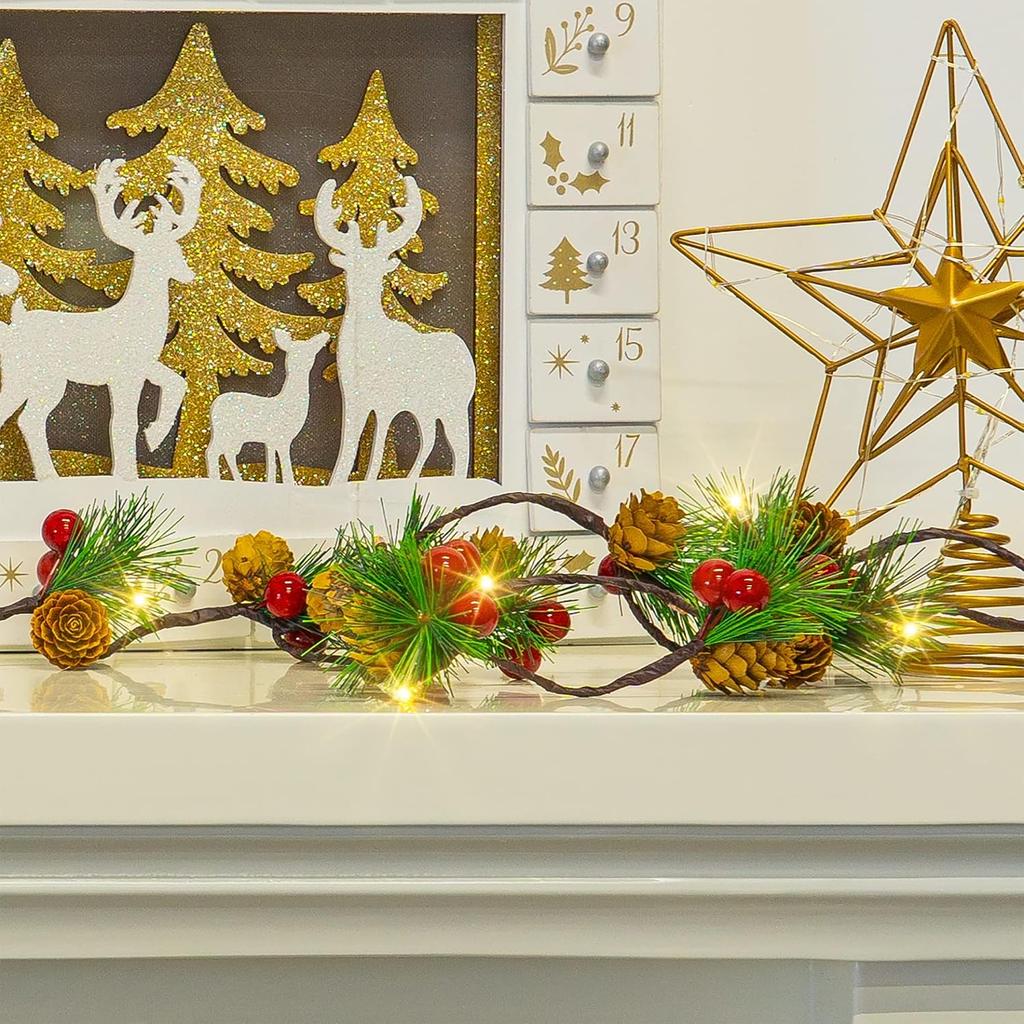 Dazzle Bright Pine Cone Christmas String Lights, Total 6.5FT 20LED Battery Operated Christmas Garland with 8 Modes, Red Berry Pine Cone Fairy String