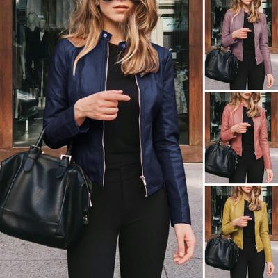 Women Fall Spring Jacket Smooth Faux Leather Solid Color Zip Up Long Sleeve Windproof Stand Collar Slim Fit Lady Commute Motorcycle Coat
