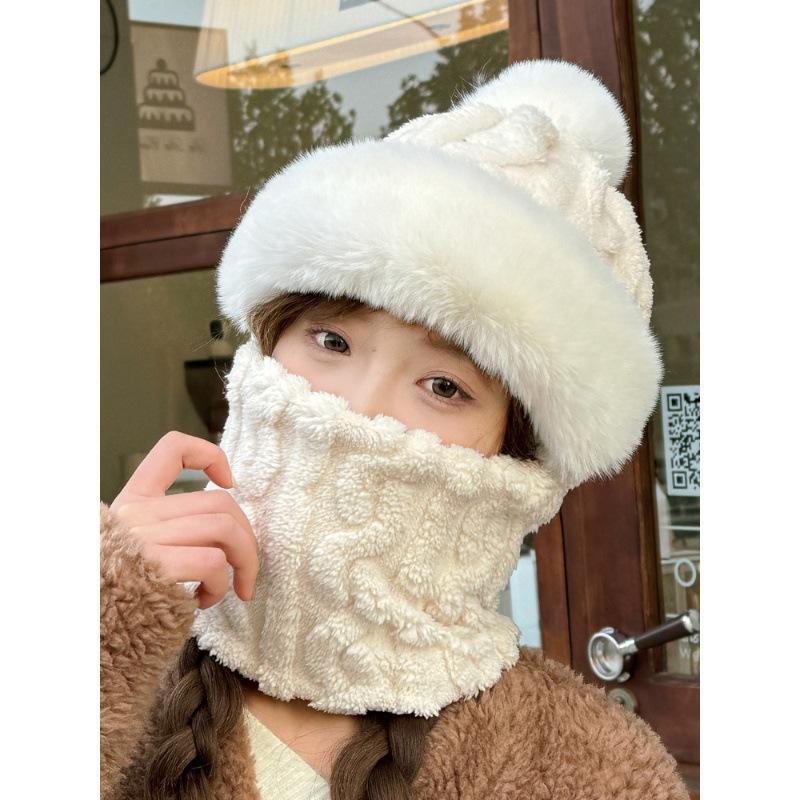Winter women's outdoor cycling warm scarf mask integrated hat cold protection ear protection thickened plush windproof one-piece