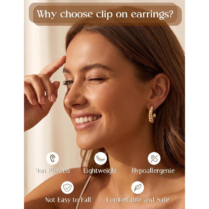 7 Pairs Gold Clip On Earrings for Women | Non Pierced Hypoallergenic Earring CZ Chunky Clip On Hoop Earrings 14K Gold Plated Ear Clips Fake Earring