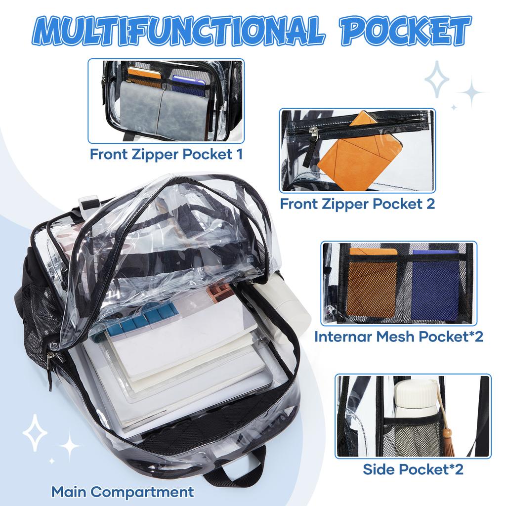 Large Transparent PVC Backpack Water Resistant Clear School Bag for Stadium Gym Work and Travel