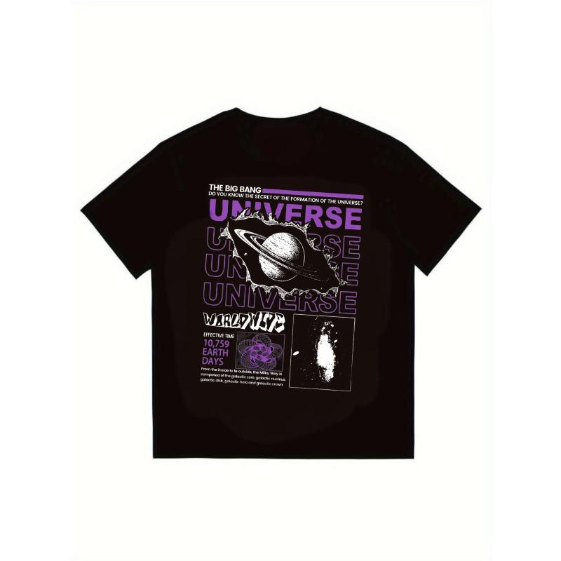 

His-and-hers matching Short Sleeve T-Shirt Black Universe Big Bang Graphic Print With Saturn And Cosmic Design For Casual Wear And Science Enthusiasts XXXXL