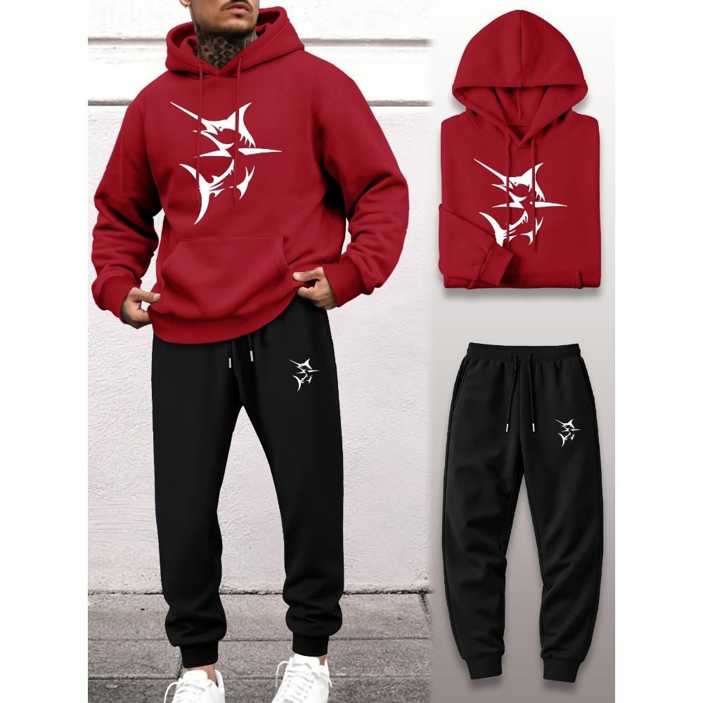 Swordfish Print Hooded Sweatshirt and Pants Two Piece Set Men's Sports Suit Casual Street Style Versatile for Daily Fishing Trips