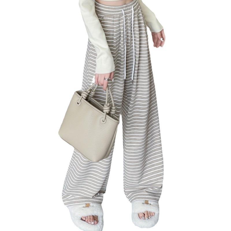 Retro lazy striped knitted glutinous rice pants women's spring and autumn high waist loose and thin loose casual straight mopping pants