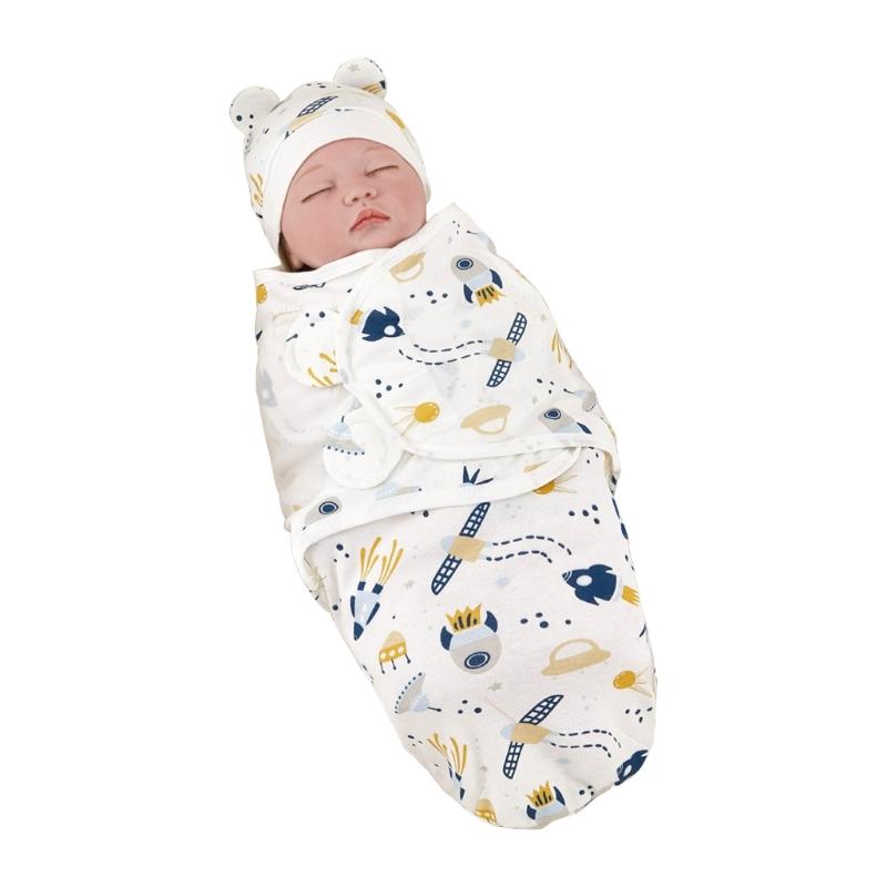 Anti-kick Cotton Baby Blanket Set with Matching Hat Soft Breathable Sleepsack 0-3 Months Newborns Wrap Towel & Bonnet