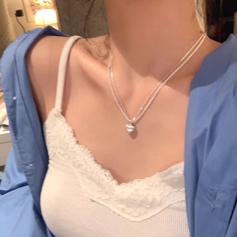 Double-layer Brushed Heart-shaped Pendant Necklace for Women, Light Luxury, Niche Style, Versatile Collar Chain, Sweater Chain