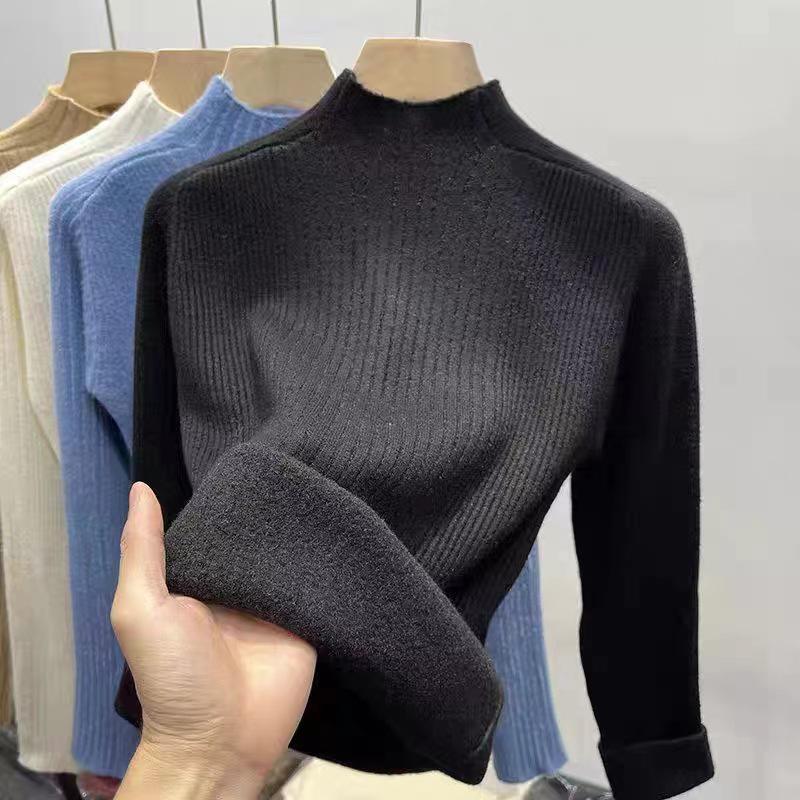Women's Velvet-Lined Slimming Sweater - Half-High Neck, Autumn/Winter 2023 Collection, Warm Knit Base Layer