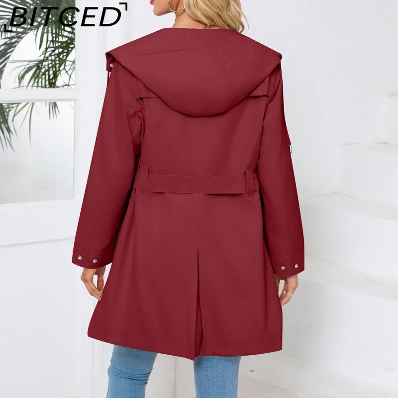 BITCED Women's Spring/Autumn Hooded Water-Resistant Jacket with Belted Waist Lightweight Casual Oversized Trench Coat