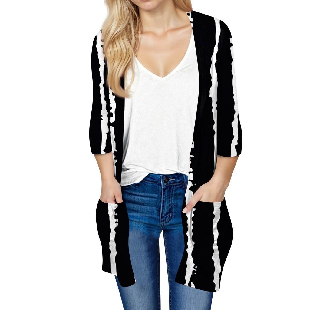 Women's Fashion Loose Casual Pocket Printed Cardigan Seven Sleeve Jacket Top