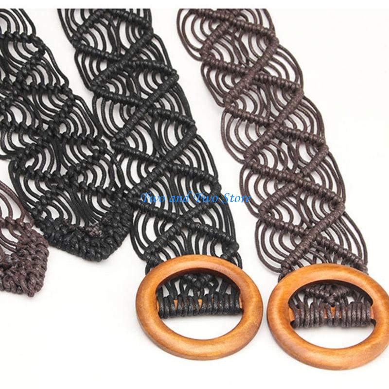 HX6F Adjustable Ethnic Belt For Women Woven Waxed Rope Wide Waistband Stylish Design