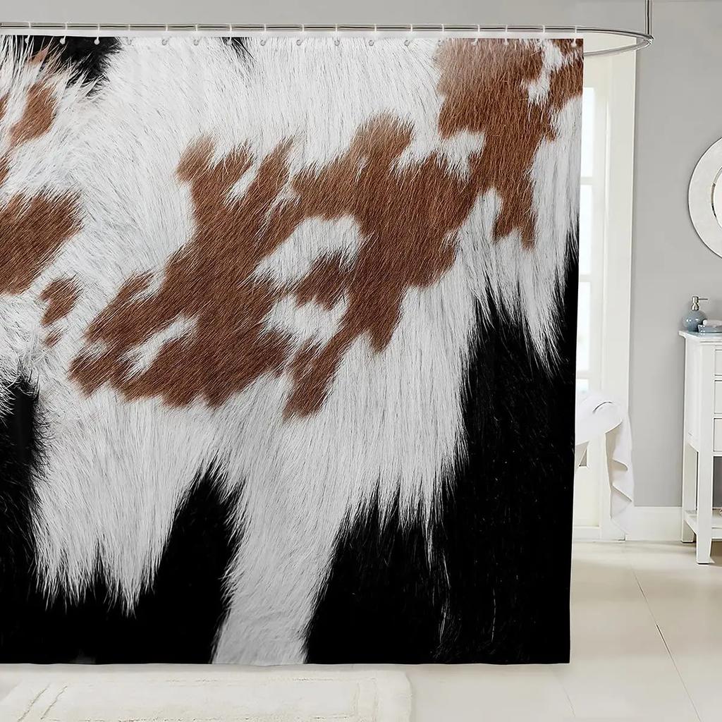Cow Fur Bathroom Curtain Farmhouse Cowhide Shower Curtain Cattle Fur Black White Bathroom Animal Skin Fabric Shower Curtain Set