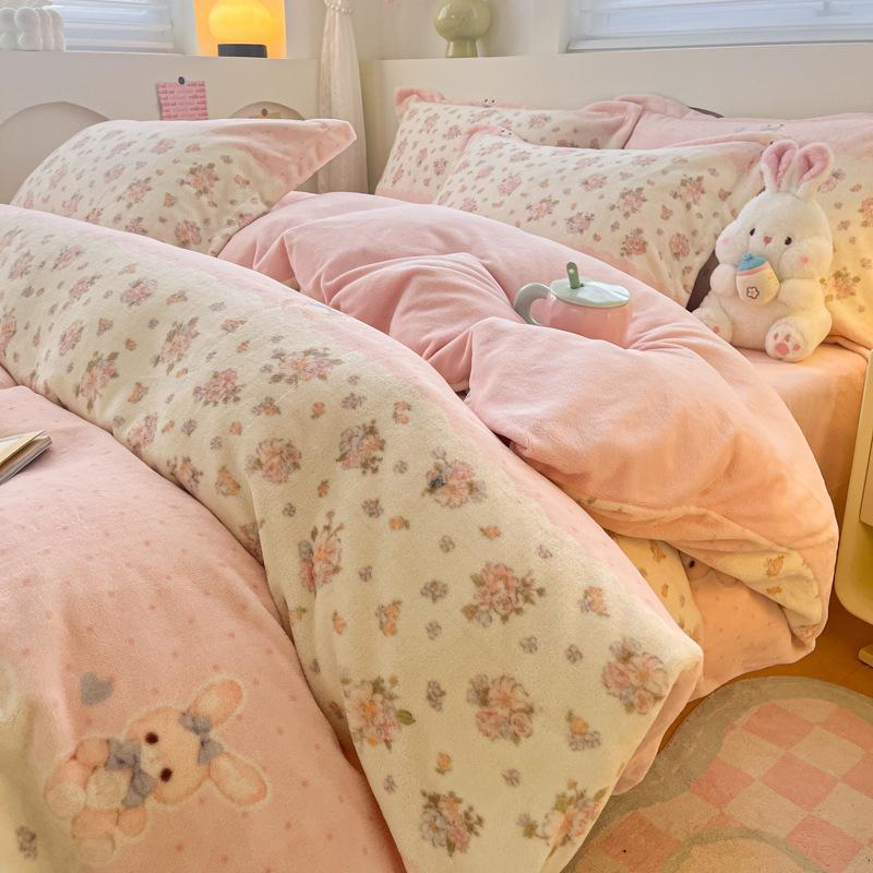 Thickened Milk Fleece Four-Piece Set Cartoon Coral Fleece Quilt Cover Fleece Bedding Flannel Sheets