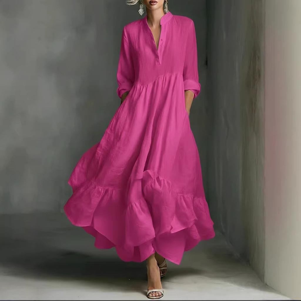 Women's Long Sleeve Loose Fit Maxi Dress Solid Color Round Neck Button Front Casual Full Length Dress with Flared Hem
