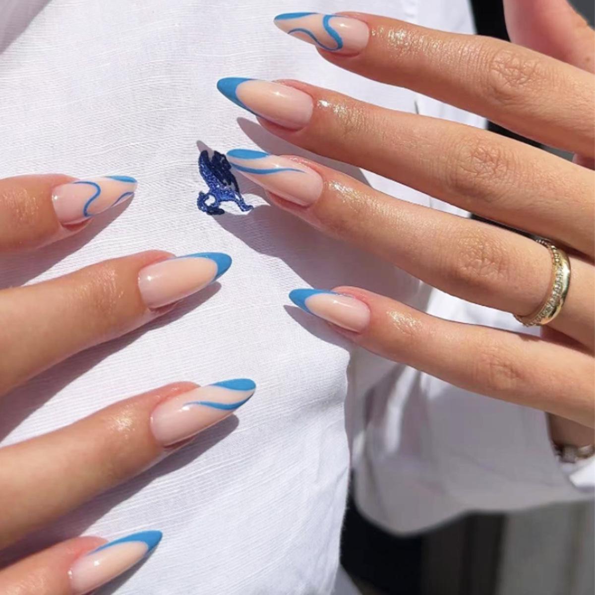 

Blue Almond Shape Cross-Border Wearable French Stripe Nail Stickers Glue Type