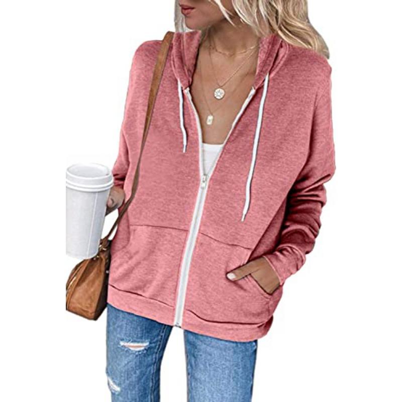 Herbst Damen Einfarbig Langarm Tasche Kordelzug Kapuzen Reißverschluss Verdicktes Sweatshirt