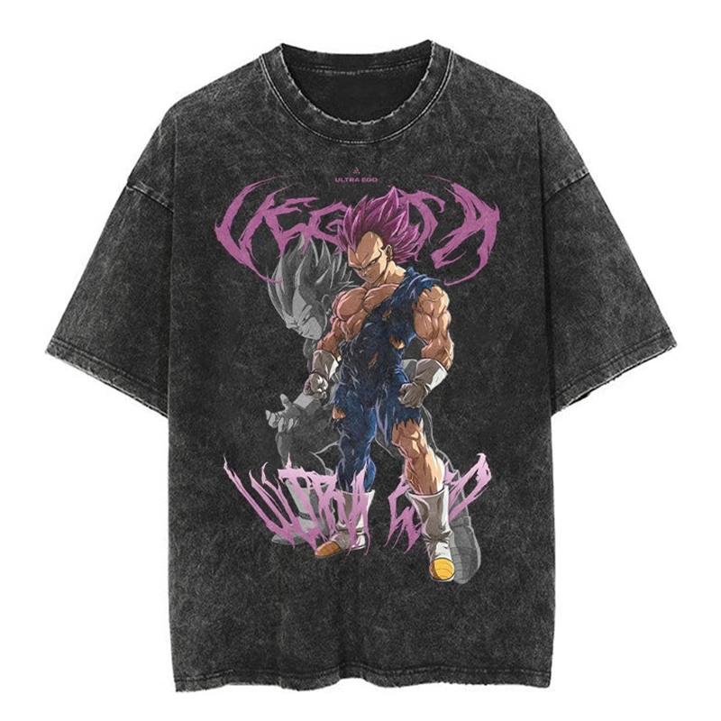 T-shirt a maniche corte lavata effetto invecchiato Giapponese Classico Dragon Ball Goku Cartone Animato Anime Oversize High Street Vintage Uomo e Donna