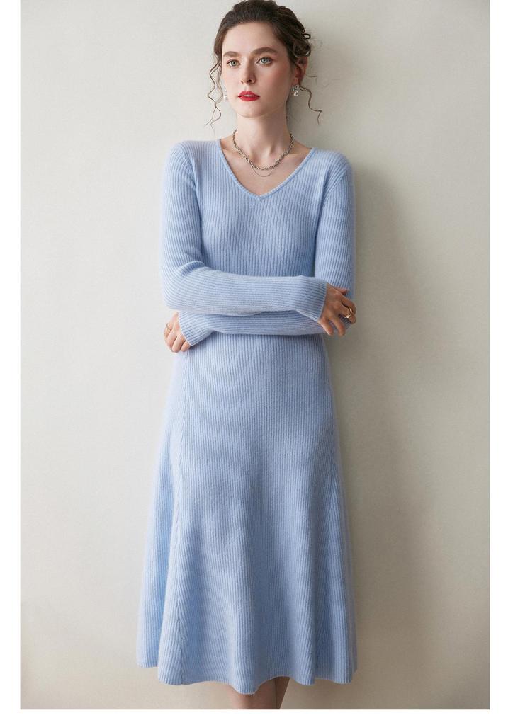 Women's Slimming V-neck Cashmere Knit Dress - Long Wool Dress for Autumn/Winter