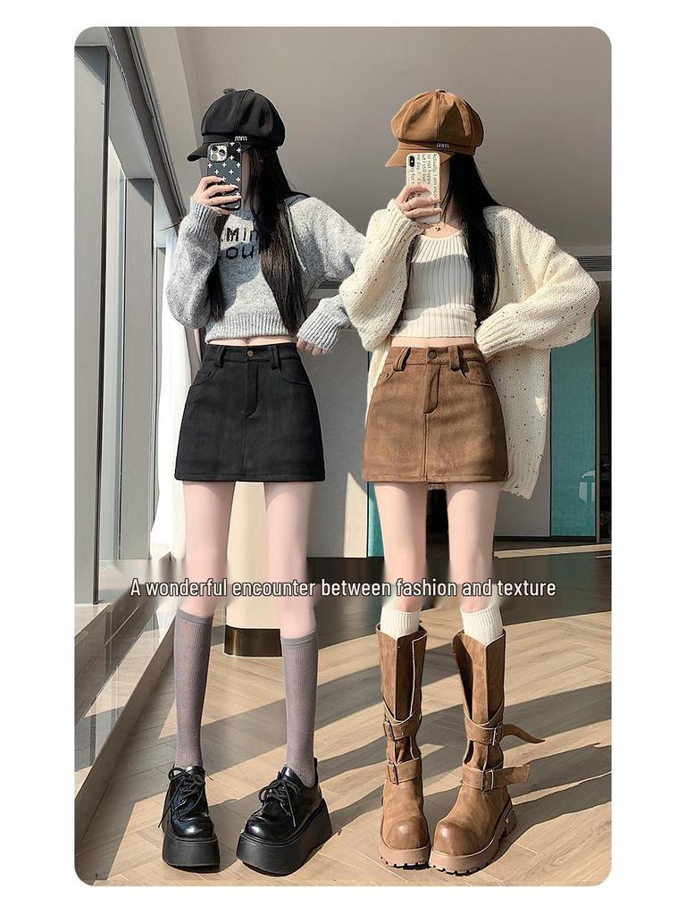 Retro Coffee Suede A-line Mini Skort for Women - Autumn/Winter High Waist Slimming Design