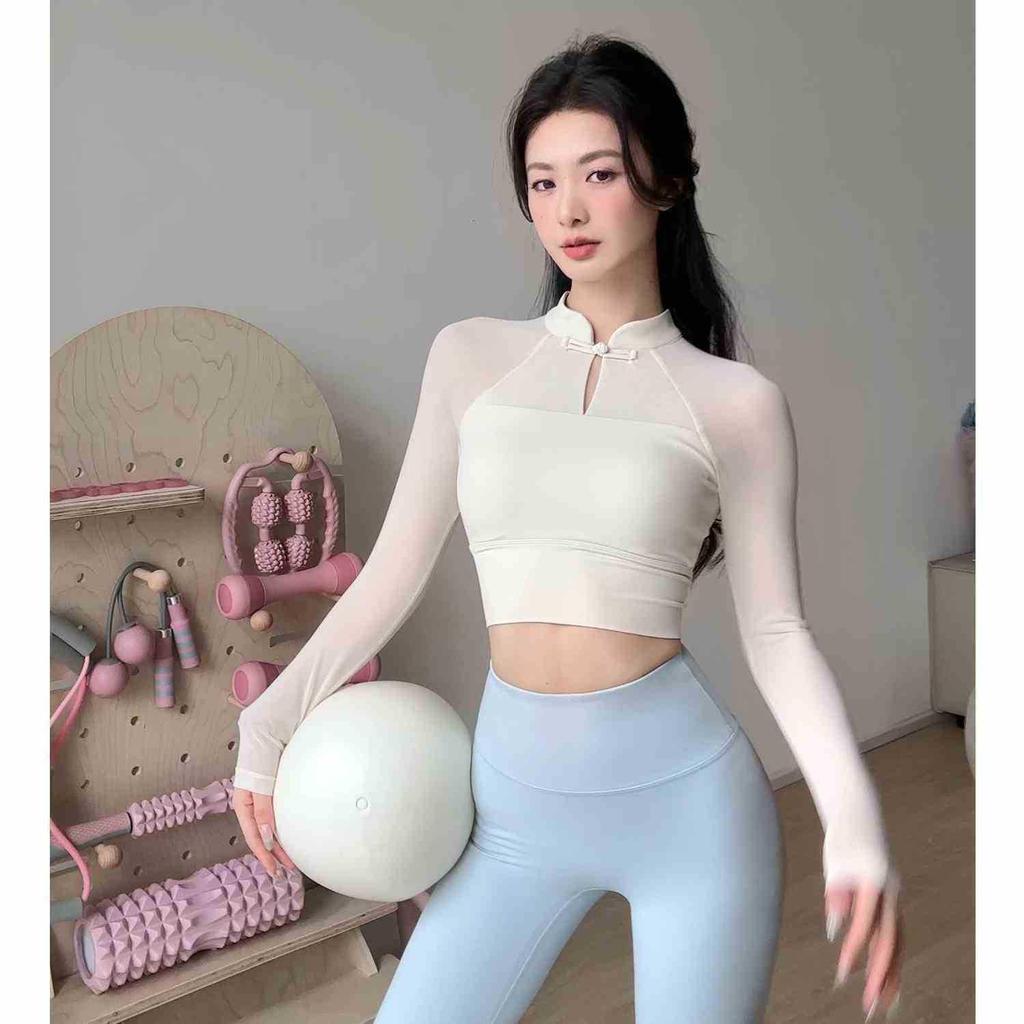 New Chinese-Style Long-Sleeve Yoga T-Shirt with Chest Pads
