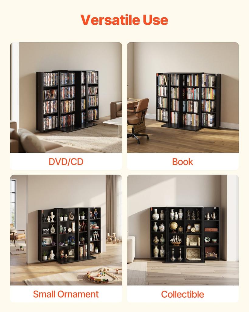Media Storage Cabinet, 4-Tier DVD Shelf Organizer, 610 X 368 X 846 Mm Multimedia Storage Organizer for CDs, DVDs, Books, Games, CD Shelf for Living