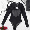 In Stock: New European & American Sexy High-End Mesh Long Sleeve Pearl-Spliced Bodysuit