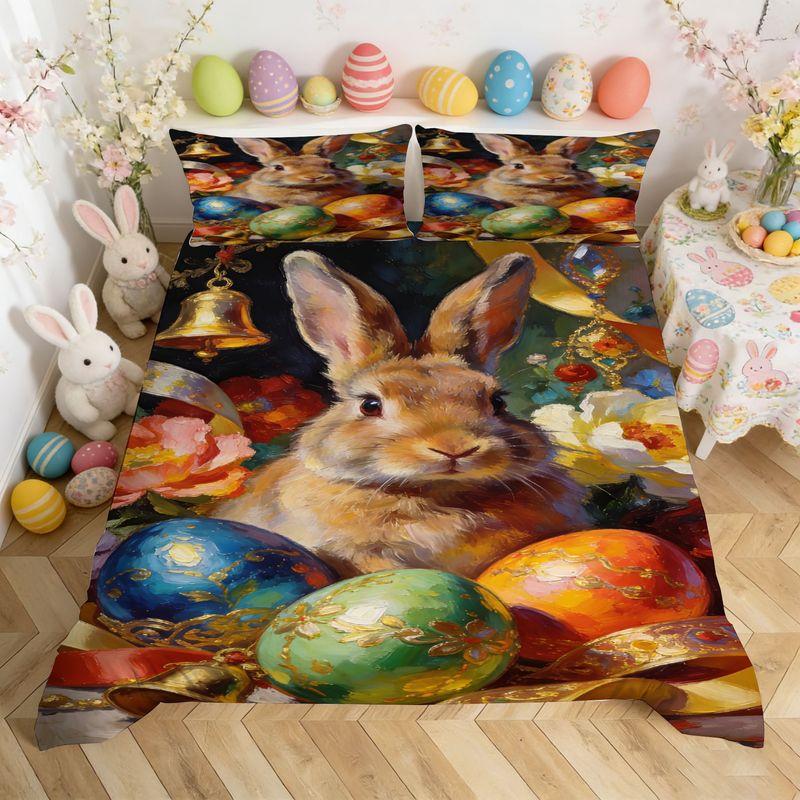 Bedding Pillowcase Quilt Cover 3-Piece Bunny With Gorgeous Egg Flower Pattern,Easter Decoration