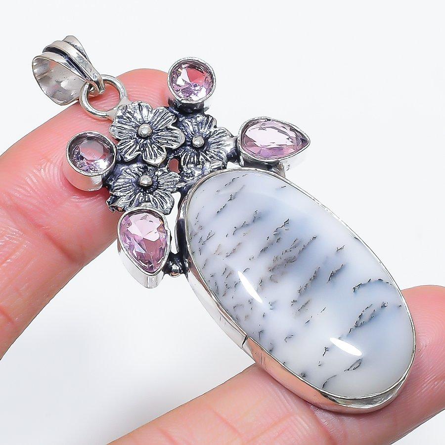 

Natural Dendrite Opal, Kunzite 925 Sterling Silver Jewelry Pendant 2.64 C3H06