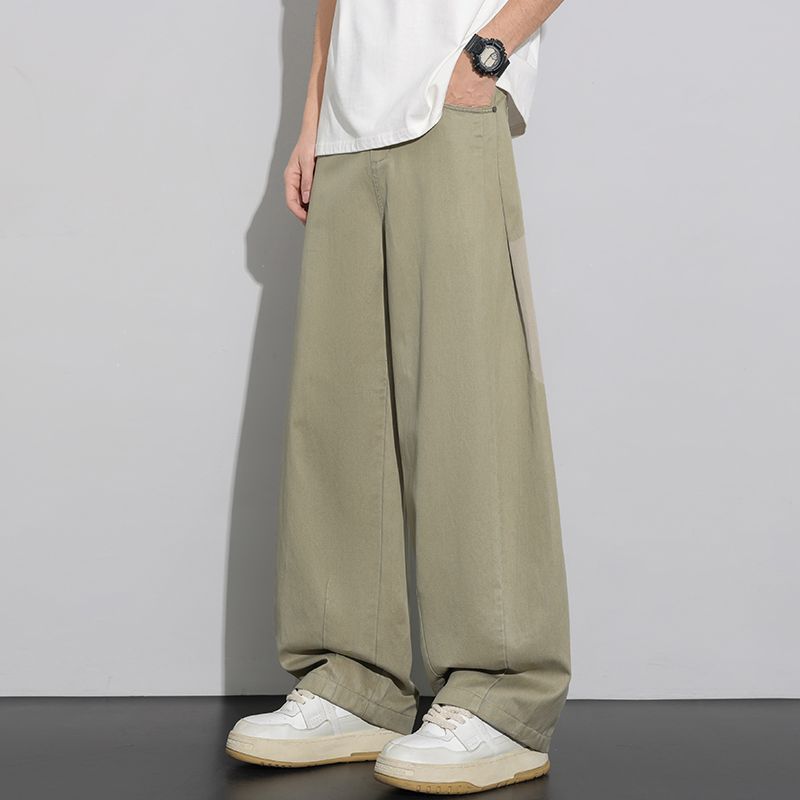 Summer New European Scimitar Splicing Loose Black Straight Wide-leg Casual Pants Men's Very Light Pants