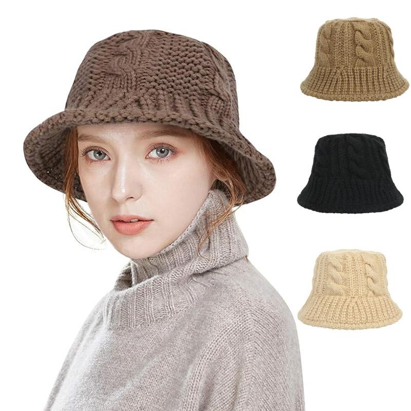 European and American winter women's twist knitted pot hat warm wide brim bucket hat soft foldable wool hat
