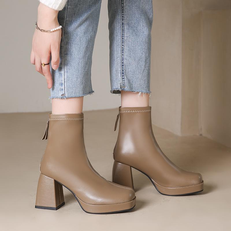 Women's High Heels Short Boots Fashion Autumn Winter Chunky Heels Waterproof Shoes Square Toe Plus Size Ankle Boots