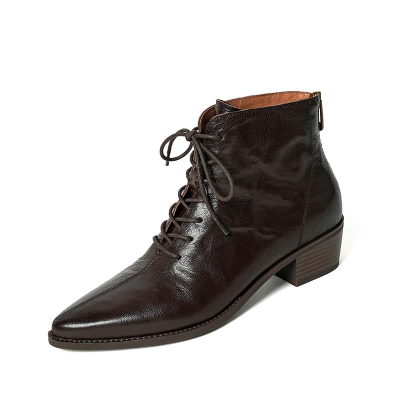 2024 Nye Høst Snørestøvletter for Kvinner Spiss Tå Tykk Hæl Støvletter Ekte Skinnsko for Kvinner Konsise Svarte Ankelstøvletter