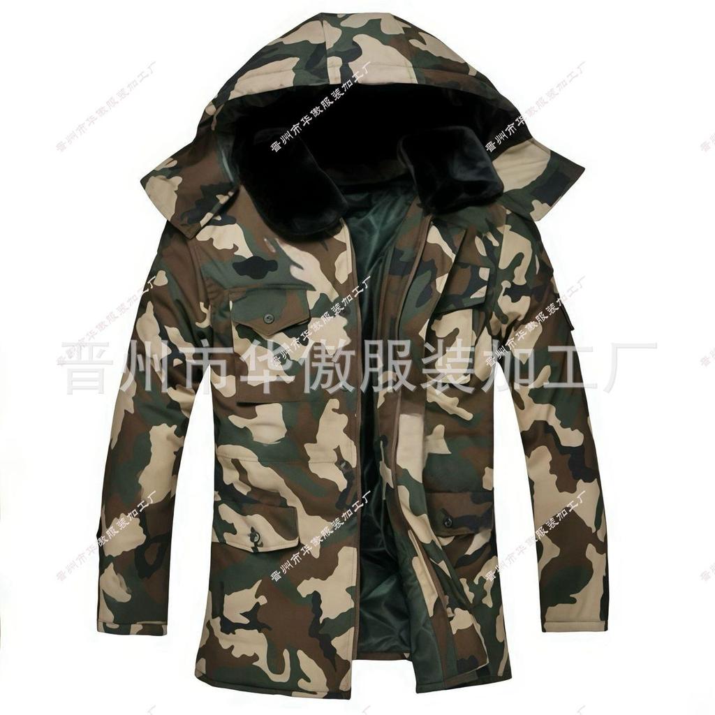 Winter Durable Camouflage Hooded Cotton Overcoat - Mid-Length, Cold-Proof, Wear-Resistant Military Jacket for Training