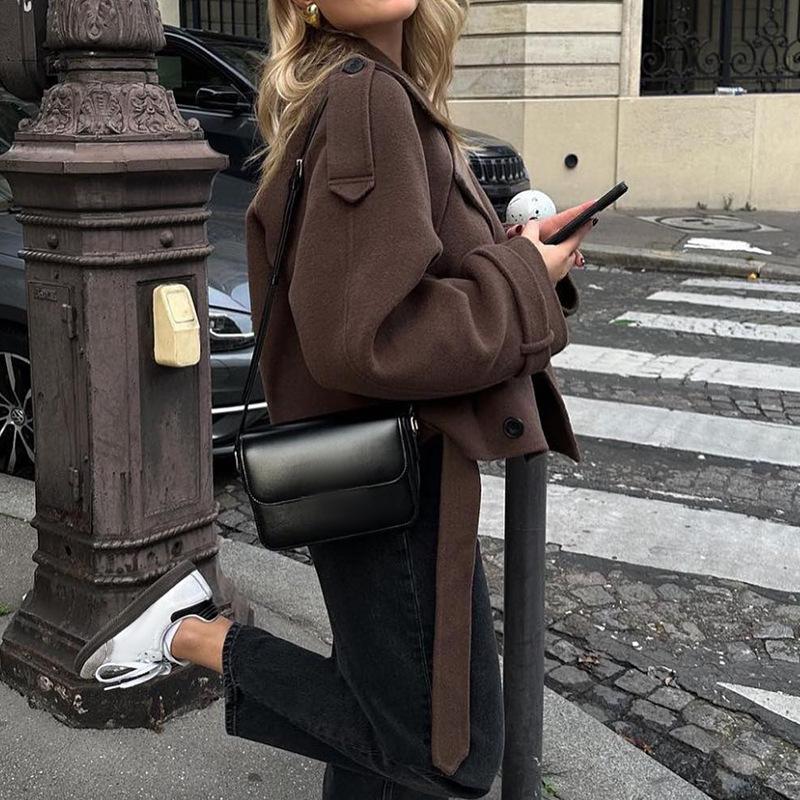 Cappotto di Lana da Donna Autunno Inverno 2024 Personalizzato Street Colletto a Abito Allacciato con Lacci Maniche Lunghe Giacca Cappotto per Donna