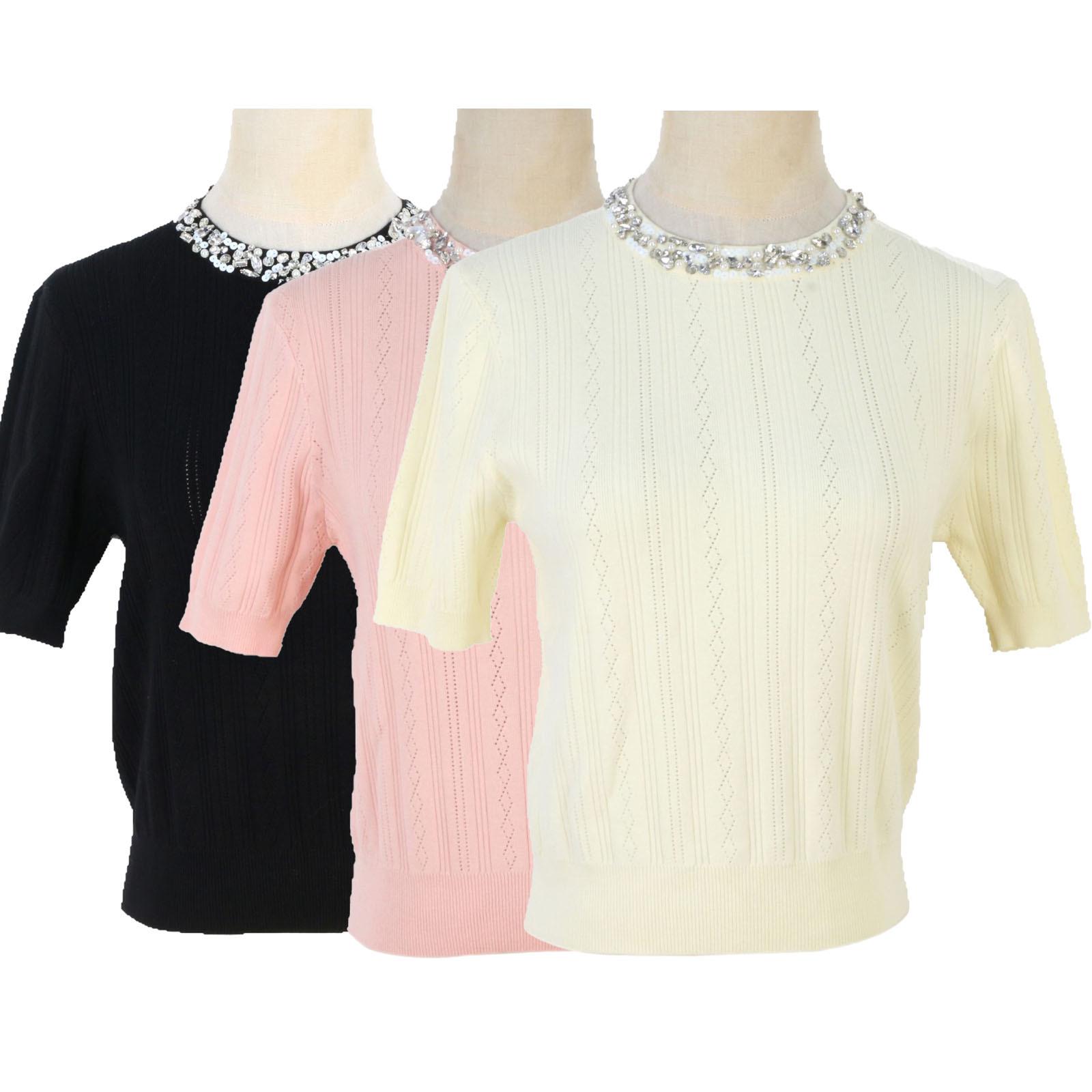 

Spring/Summer Women s Beaded Crew Neck Knitted Short Sleeve Sweater Medium
