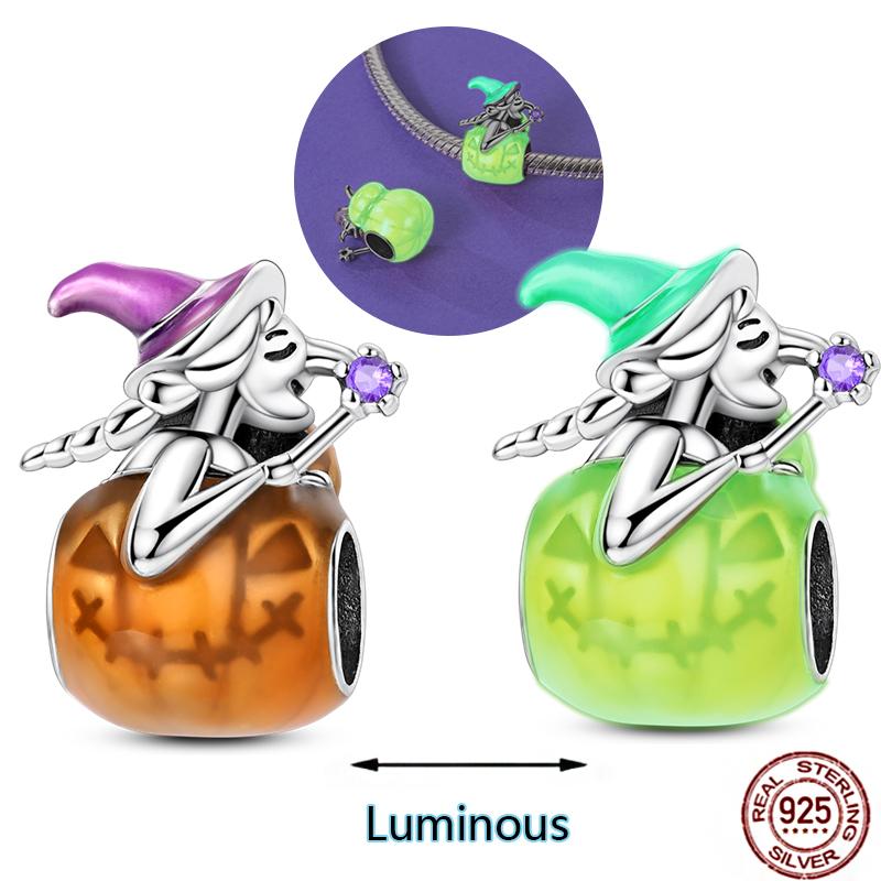 Halloween Series Charms Bead Copper Luminous Pumpkin Skull Witch Black Cat Fit Bangle Bracelet Necklace Diy Jewelry