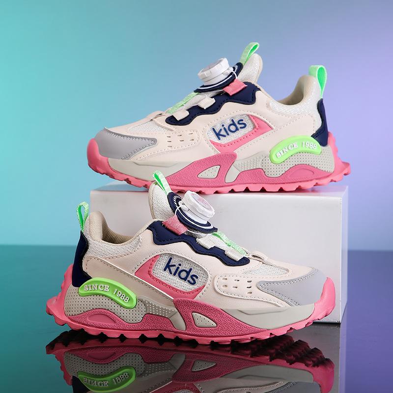 Girls' sports shoes Spring and Autumn double mesh breathable wear-resistant non-slip rotating buckle children's casual shoes medium and older childre